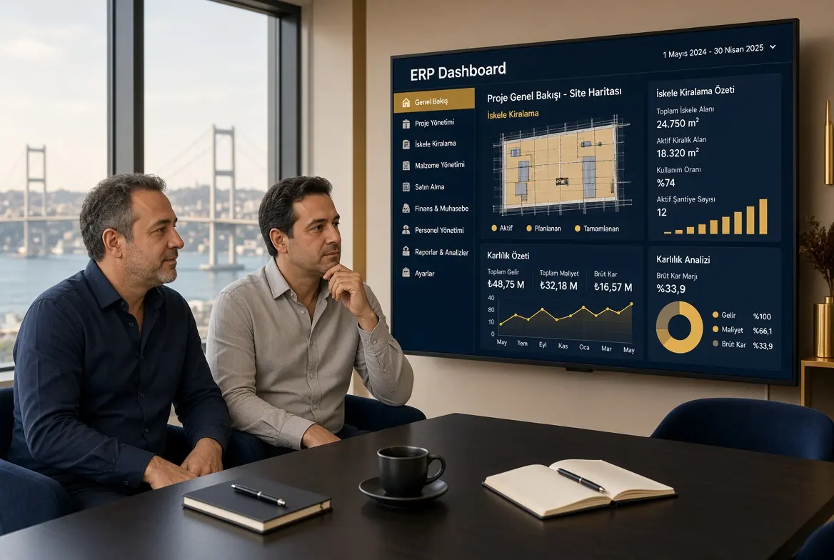 İskele Pro demo ofis ekranı: şantiye kârlılık, kiralama ve satış özeti