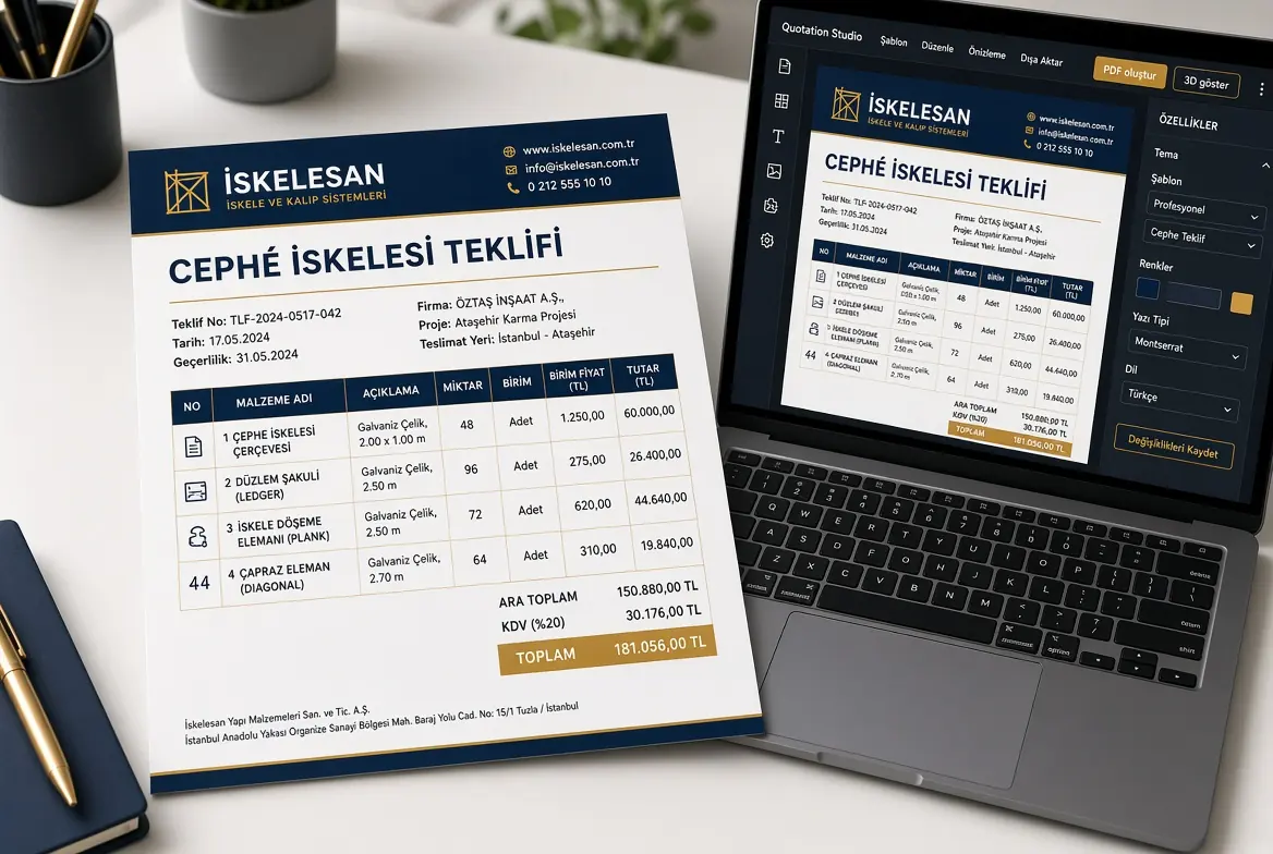 İskele Pro PDF stüdyosu: antetli cephe iskelesi teklifi ve düzenleme ekranı